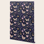 Night Garden Flowers Watercolor Moths Dark Purple Wallpaper Gallery Image 2