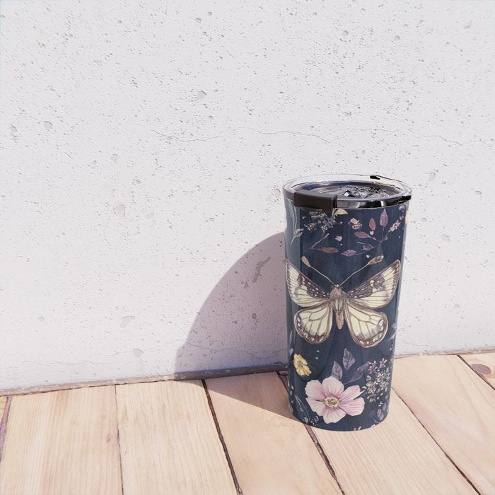 Night Garden Flowers Watercolor Moths Dark Purple Travel Mug Gallery Image 4