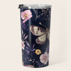 Night Garden Flowers Watercolor Moths Dark Purple Travel Mug Gallery Image 3