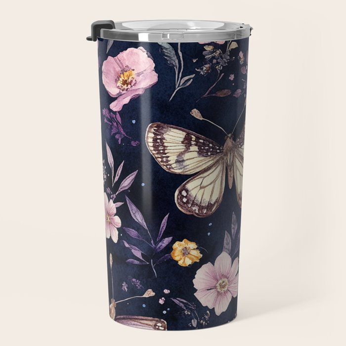 Night Garden Flowers Watercolor Moths Dark Purple Travel Mug Gallery Image 3