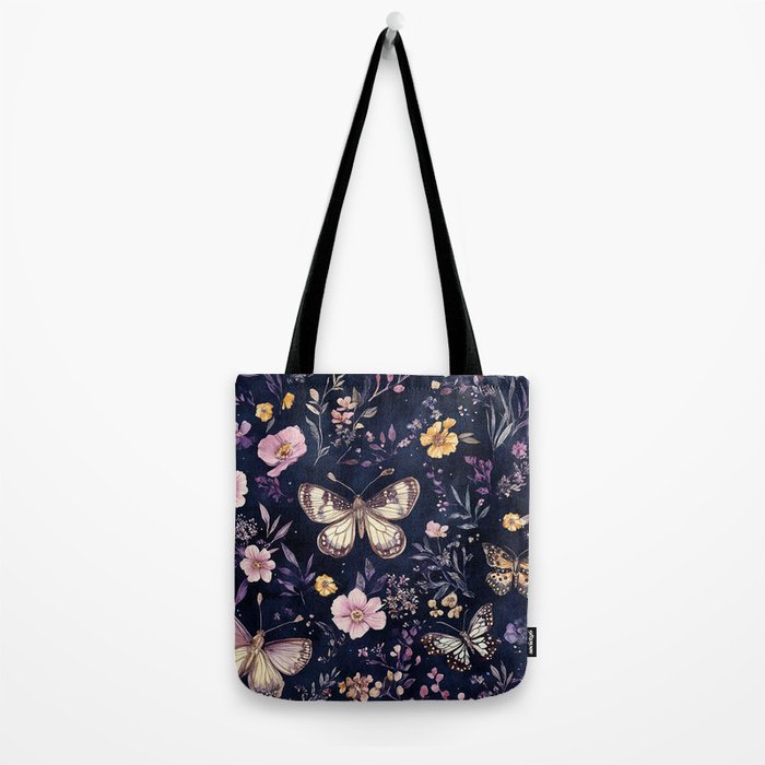 Night Garden Flowers Watercolor Moths Dark Purple Tote Bag Gallery Image 2