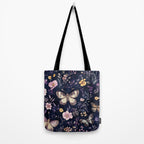 Night Garden Flowers Watercolor Moths Dark Purple Tote Bag Gallery Image 2