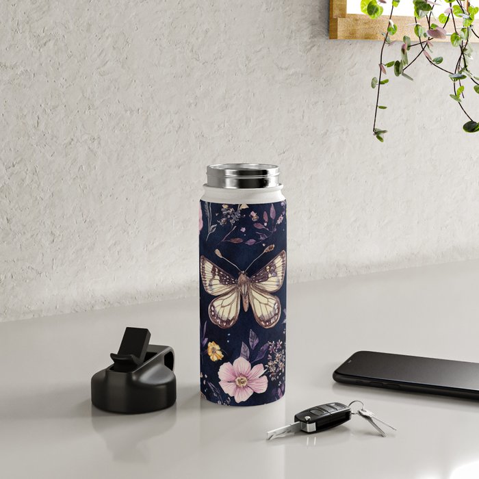 Night Garden Flowers Watercolor Moths Dark Purple Water Bottle Gallery Image 4