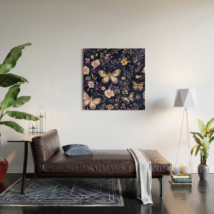 Night Garden Flowers Watercolor Moths Dark Purple Wood Wall Art Gallery Image 2