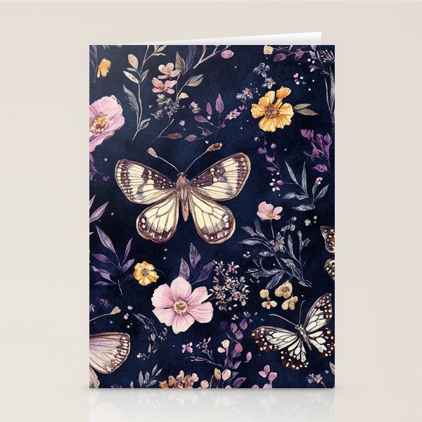 Night Garden Flowers Watercolor Moths Dark Purple Stationery Card Gallery Image 1