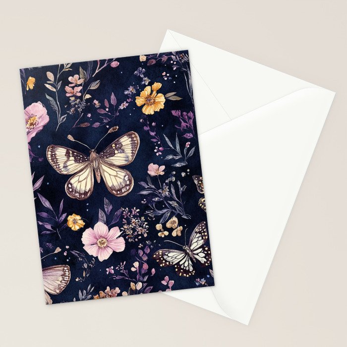 Night Garden Flowers Watercolor Moths Dark Purple Stationery Card Gallery Image 2
