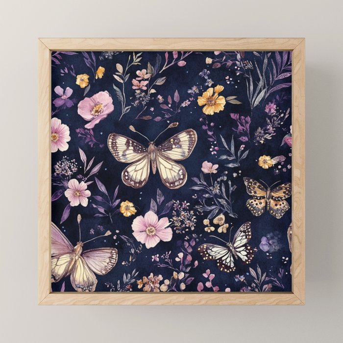 Night Garden Flowers Watercolor Moths Dark Purple Mini Art Print Gallery Image 1