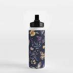 Night Garden Flowers Watercolor Moths Dark Purple Water Bottle Gallery Image 2