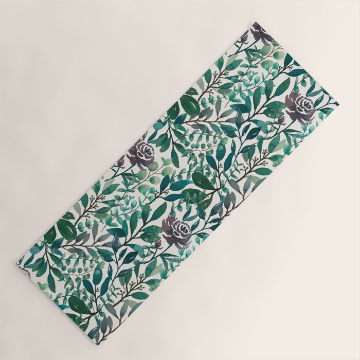 Purple Flowers and Eucalyptus Leaves Pattern Yoga Mat Gallery Image 1