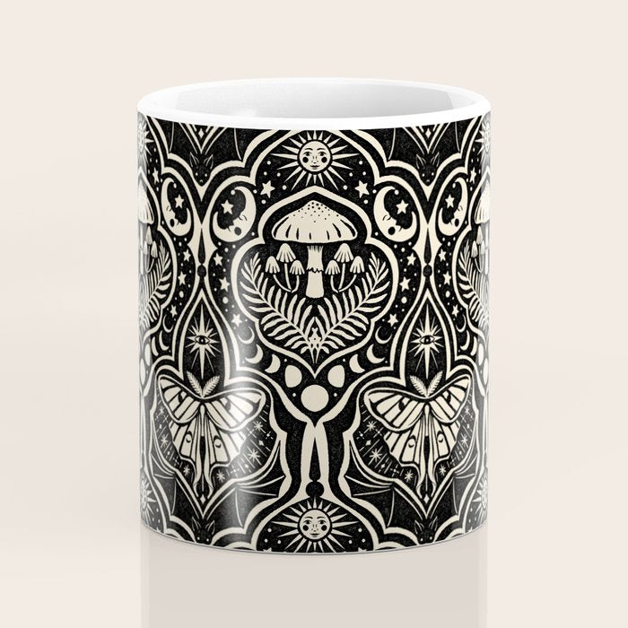 Celestial Forest Damask - black and cream Coffee Mug Gallery Image 4