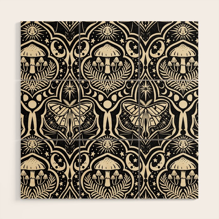 Celestial Forest Damask - black and cream Wood Wall Art Gallery Image 1