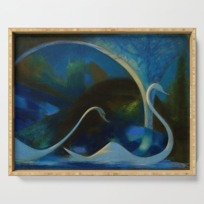 Swans (Night) Central Park, Gapstow Bridge New York by Joseph Stella Serving Tray Gallery Image 1