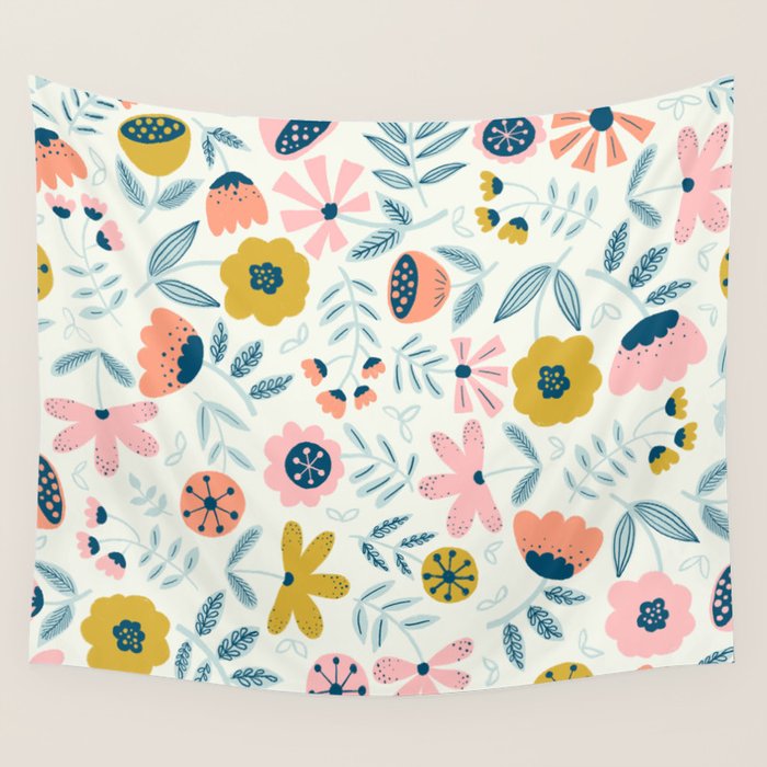 Cute Vintage Flower Pattern Scandinavian Folk Art Wall Tapestry Gallery Image 1