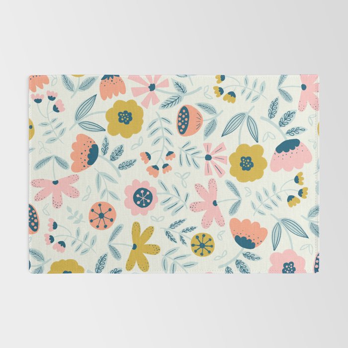 Cute Vintage Flower Pattern Scandinavian Folk Art Rug Gallery Image 2