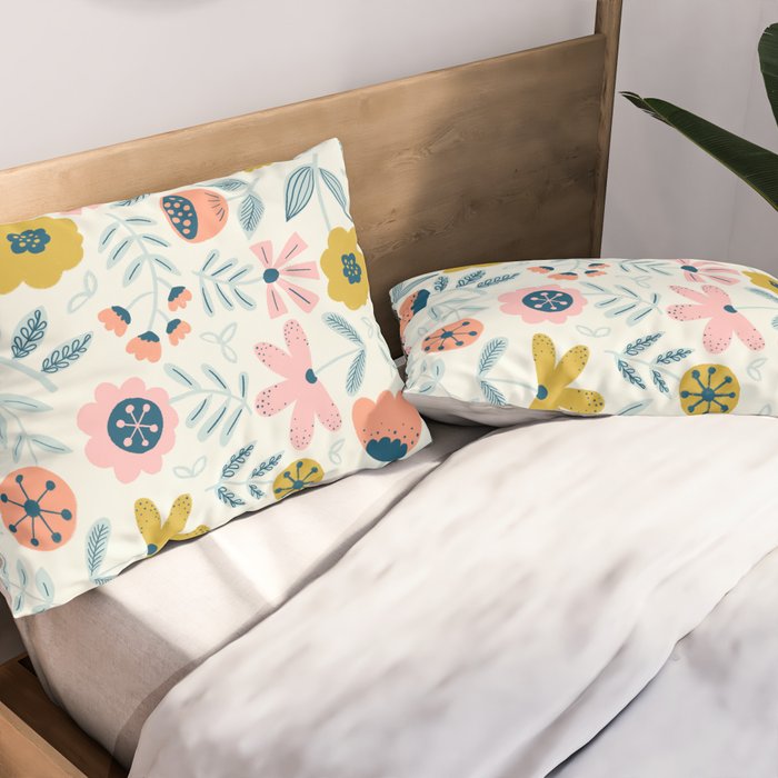 Cute Vintage Flower Pattern Scandinavian Folk Art Pillow Sham Gallery Image 2