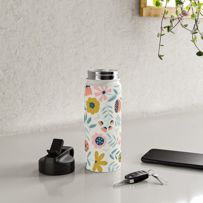 Cute Vintage Flower Pattern Scandinavian Folk Art Water Bottle Gallery Image 4