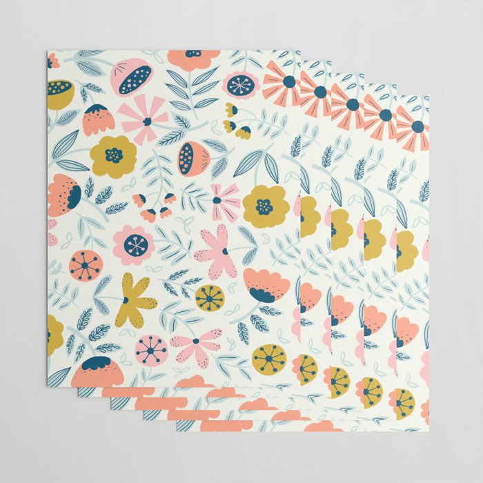 Cute Vintage Flower Pattern Scandinavian Folk Art Wrapping Paper Gallery Image 3