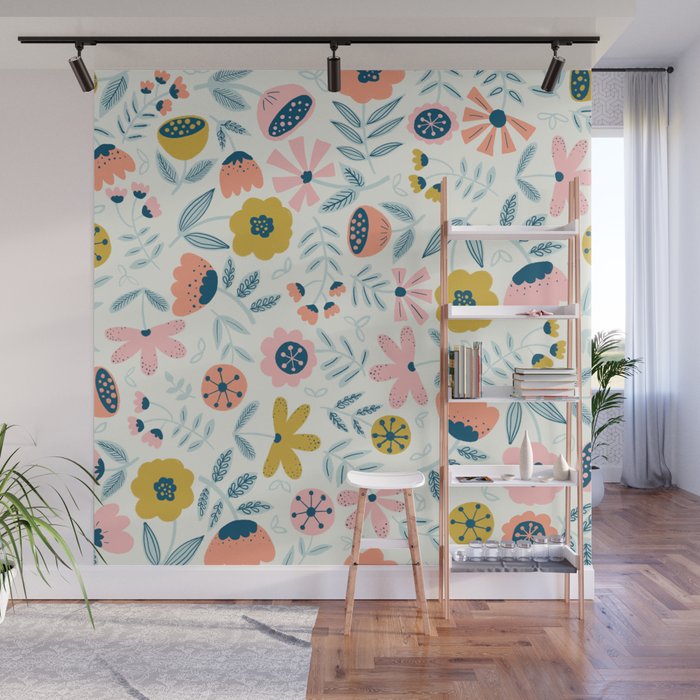 Cute Vintage Flower Pattern Scandinavian Folk Art Wall Mural Gallery Image 1