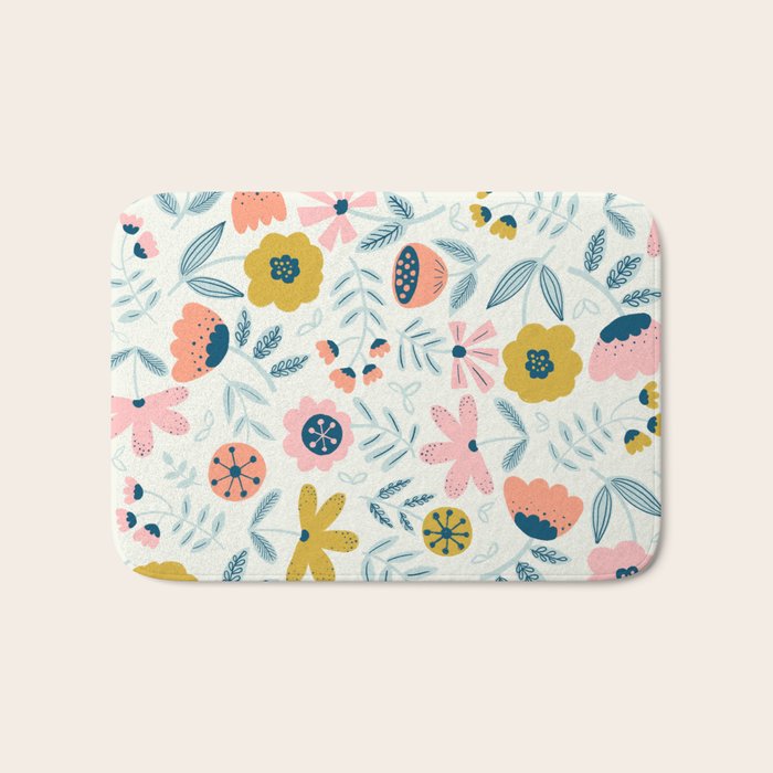 Cute Vintage Flower Pattern Scandinavian Folk Art Bath Mat Gallery Image 1