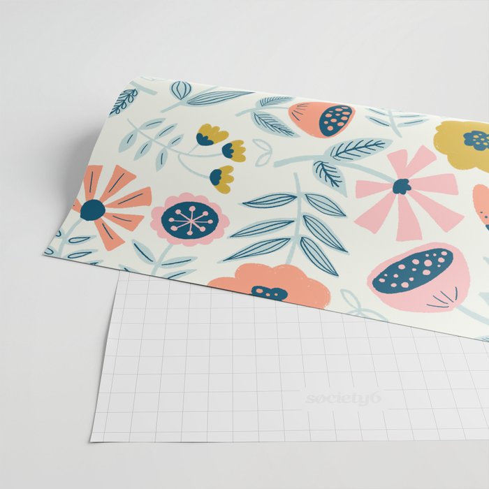Cute Vintage Flower Pattern Scandinavian Folk Art Wrapping Paper Gallery Image 2