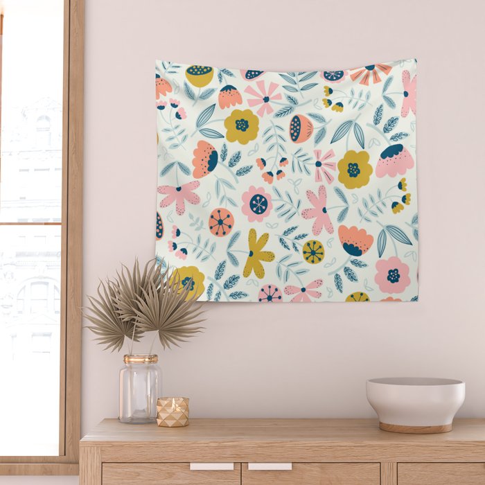 Cute Vintage Flower Pattern Scandinavian Folk Art Wall Tapestry Gallery Image 2