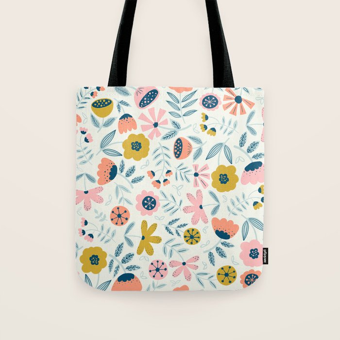 Cute Vintage Flower Pattern Scandinavian Folk Art Tote Bag Gallery Image 1