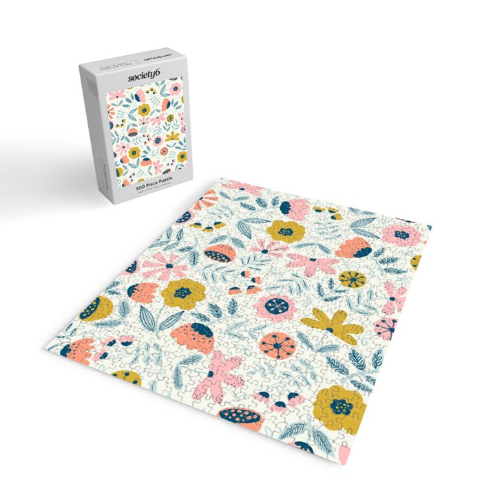 Cute Vintage Flower Pattern Scandinavian Folk Art Jigsaw Puzzle Gallery Image 2