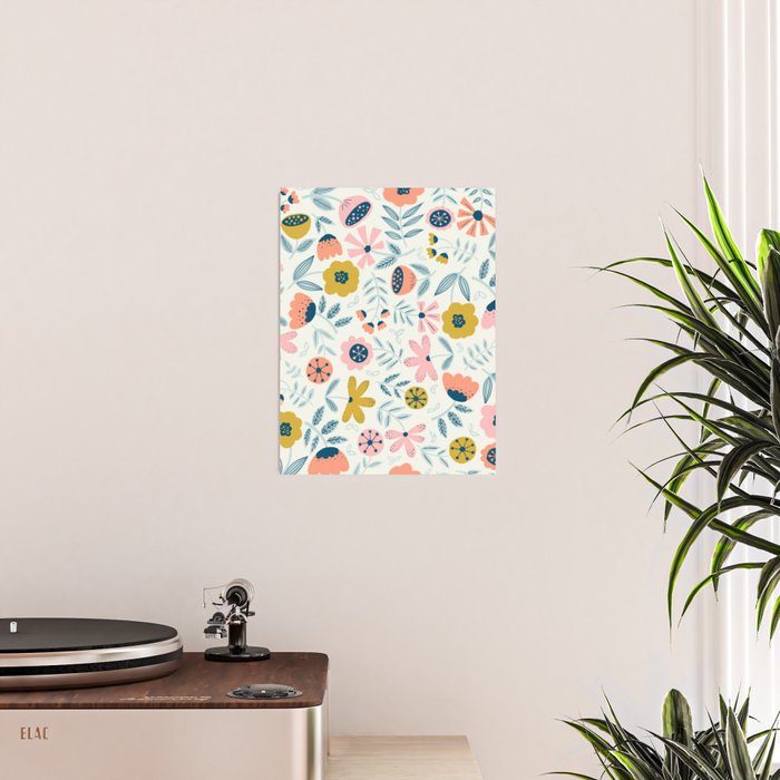 Cute Vintage Flower Pattern Scandinavian Folk Art Poster Gallery Image 2