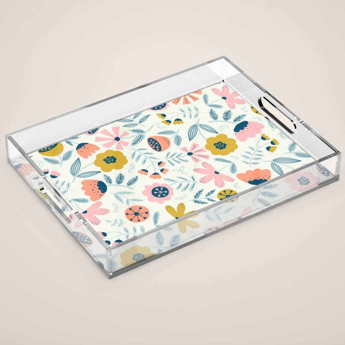 Cute Vintage Flower Pattern Scandinavian Folk Art Acrylic Tray Gallery Image 1