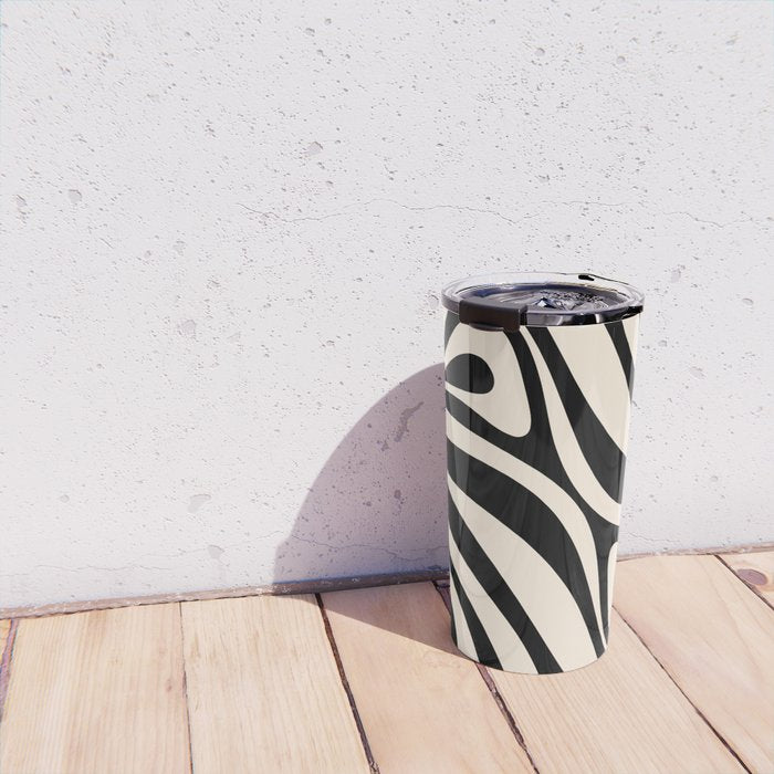 New Groove Retro Swirl Abstract Black and Almond Cream Travel Mug Gallery Image 4