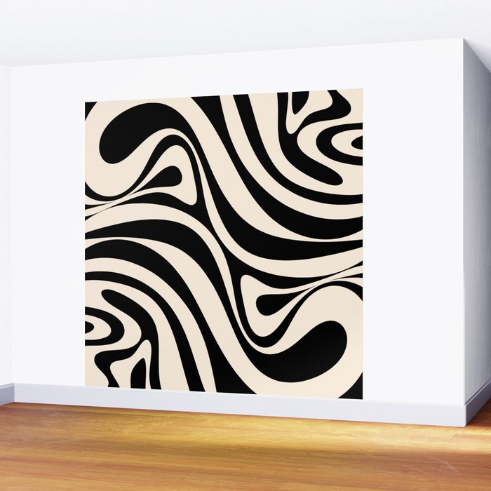 New Groove Retro Swirl Abstract Black and Almond Cream Wall Mural Gallery Image 2