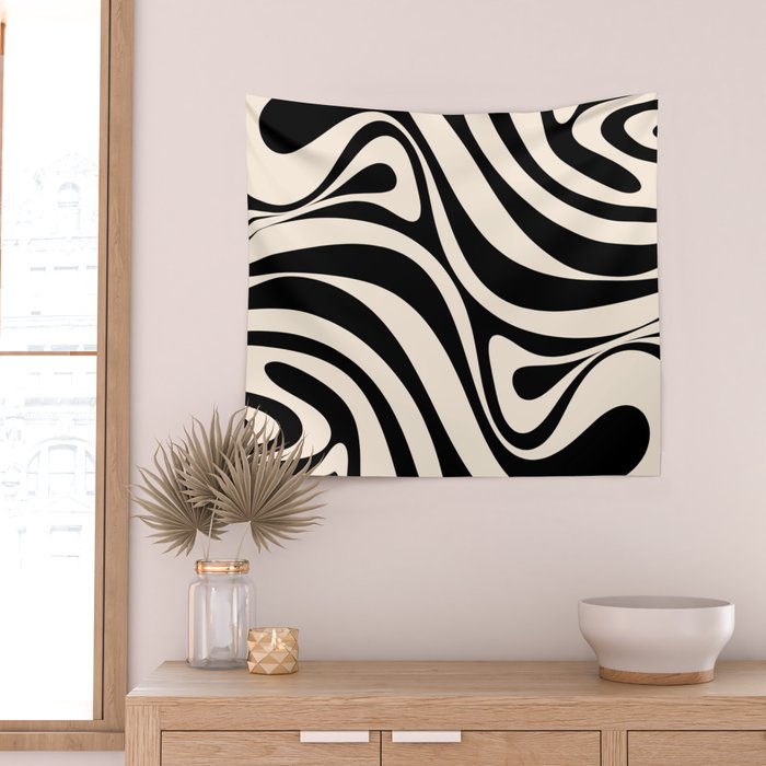 New Groove Retro Swirl Abstract Black and Almond Cream Wall Tapestry Gallery Image 2