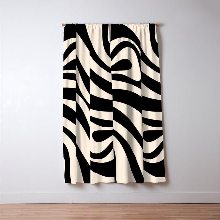 New Groove Retro Swirl Abstract Black and Almond Cream Window Curtain Gallery Image 3