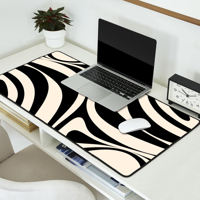 New Groove Retro Swirl Abstract Black and Almond Cream Desk Mat Gallery Image 2