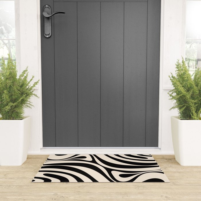 New Groove Retro Swirl Abstract Black and Almond Cream Welcome Mat Gallery Image 3