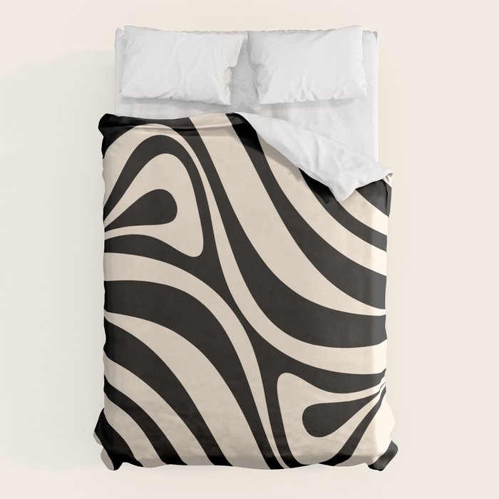New Groove Retro Swirl Abstract Black and Almond Cream Duvet Cover Gallery Image 6
