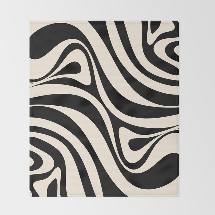 New Groove Retro Swirl Abstract Black and Almond Cream Throw Blanket Gallery Image 2