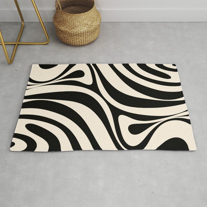 New Groove Retro Swirl Abstract Black and Almond Cream Rug Gallery Image 1