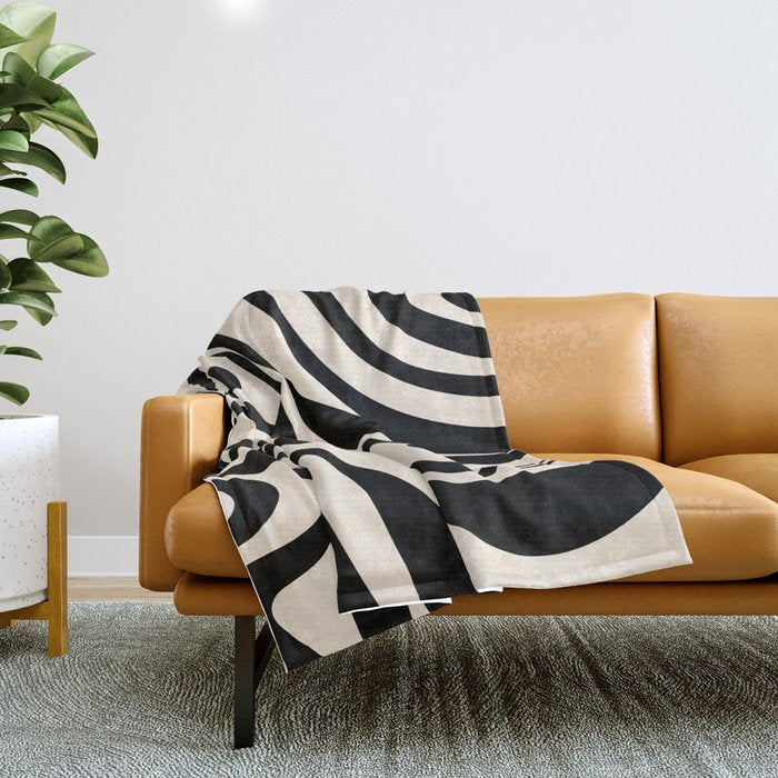 New Groove Retro Swirl Abstract Black and Almond Cream Throw Blanket Gallery Image 1