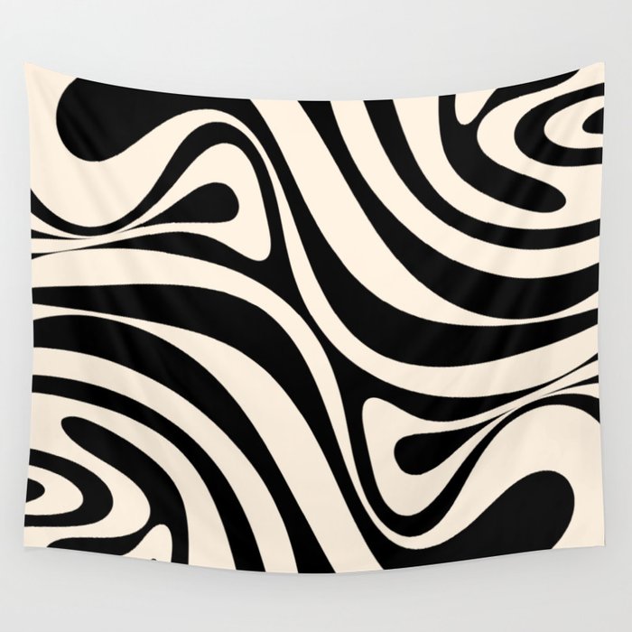 New Groove Retro Swirl Abstract Black and Almond Cream Wall Tapestry Gallery Image 4