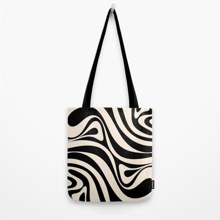 New Groove Retro Swirl Abstract Black and Almond Cream Tote Bag Gallery Image 2