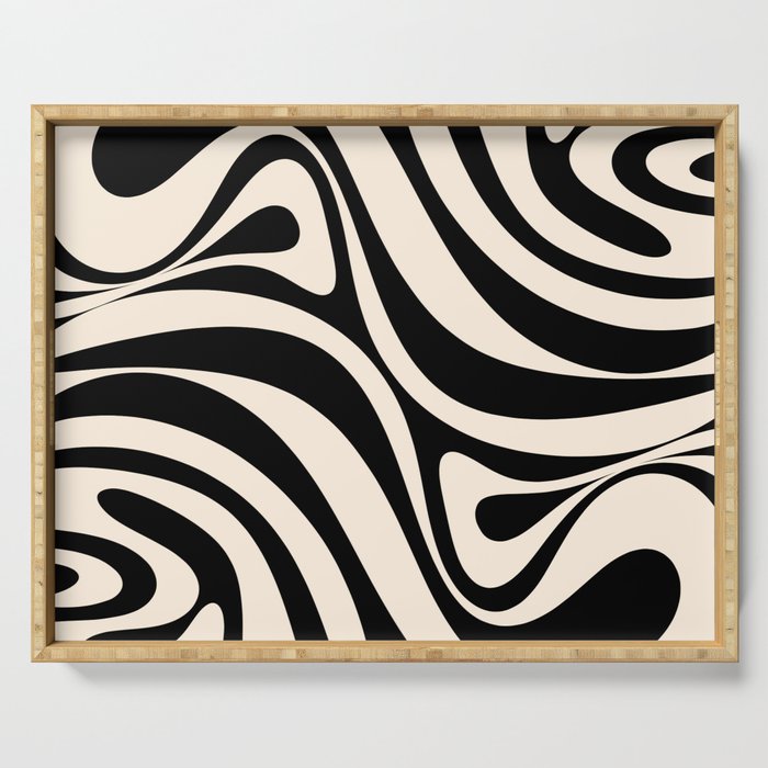 New Groove Retro Swirl Abstract Black and Almond Cream Serving Tray Gallery Image 1
