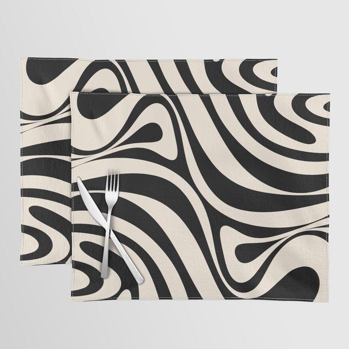 New Groove Retro Swirl Abstract Black and Almond Cream Placemat Gallery Image 1