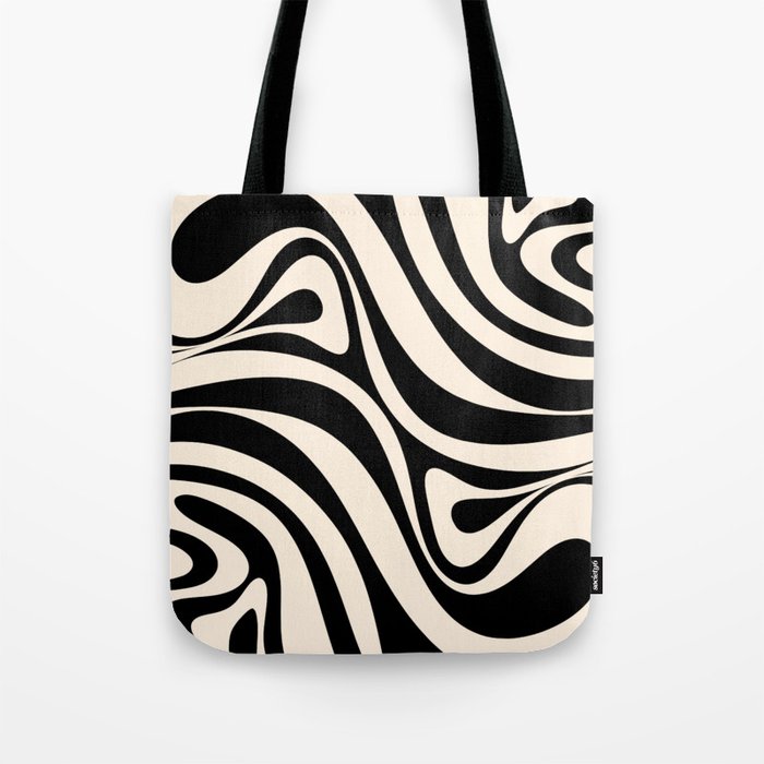 New Groove Retro Swirl Abstract Black and Almond Cream Tote Bag Gallery Image 1