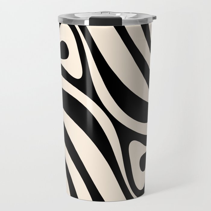 New Groove Retro Swirl Abstract Black and Almond Cream Travel Mug Gallery Image 1
