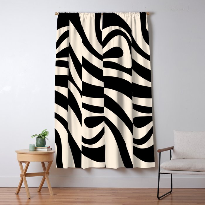 New Groove Retro Swirl Abstract Black and Almond Cream Window Curtain Gallery Image 5