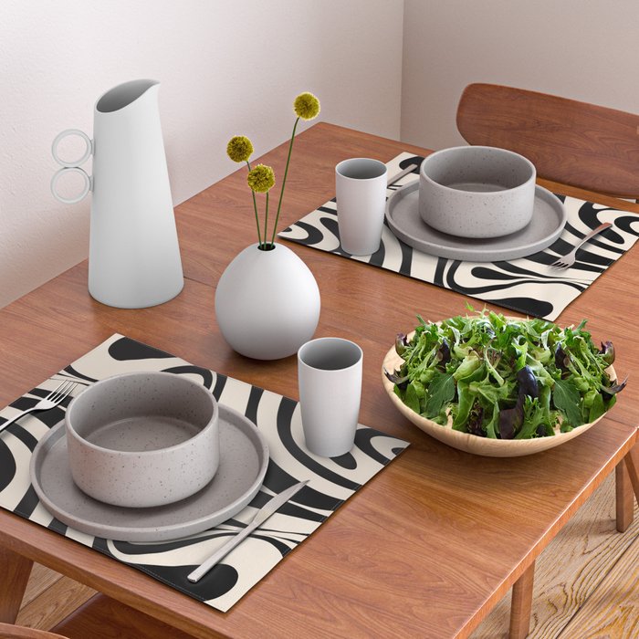 New Groove Retro Swirl Abstract Black and Almond Cream Placemat Gallery Image 2