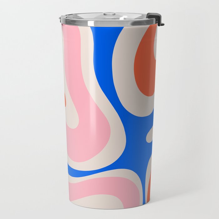 Retro Modern Liquid Swirl Abstract Pattern Square Pink, Orange, and Royal Blue Travel Mug Gallery Image 2