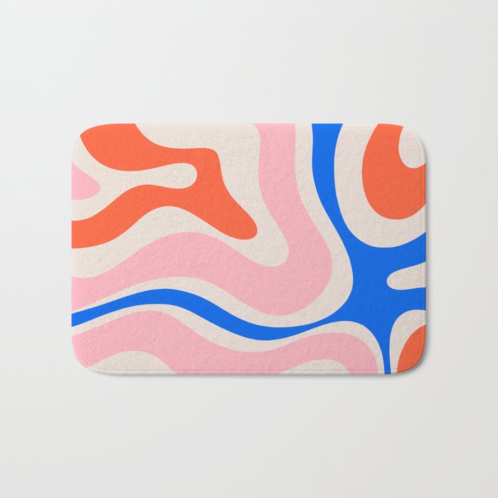 Retro Modern Liquid Swirl Abstract Pattern Square Pink, Orange, and Royal Blue Bath Mat Gallery Image 1