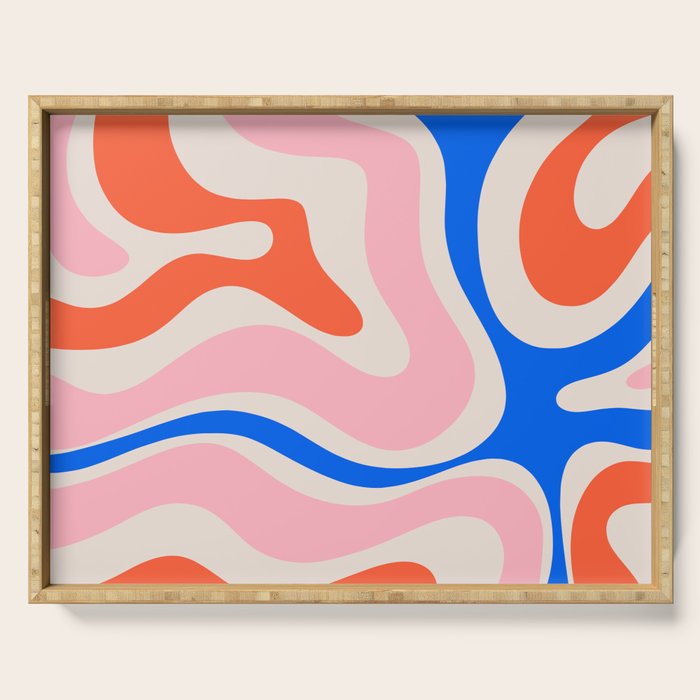 Retro Modern Liquid Swirl Abstract Pattern Square Pink, Orange, and Royal Blue Serving Tray Gallery Image 1